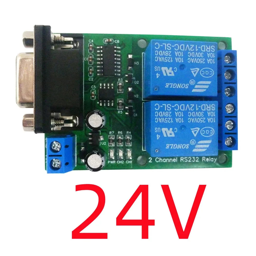 N228D02 2CH RS232 Relay Module – DC 12V/24V DB9 Serial Port Switch Board with 10A Output for PC PLC Motor LED PTZ Control