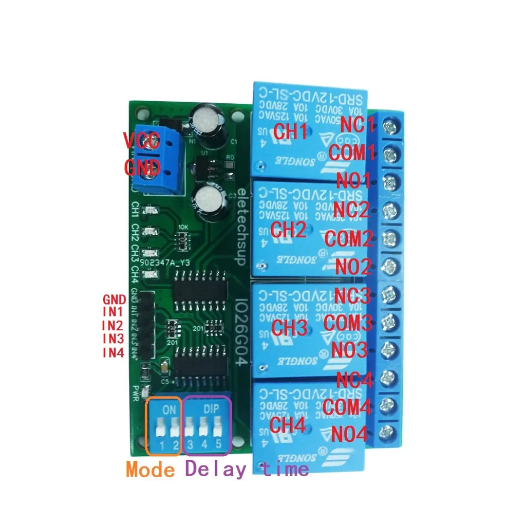 IO26G04 4CH Multifunction Delay Relay Module – DC 5V/12V/24V Timer Switch with Flip-Flop Latch Self-Locking Interlock for PLC Power Sequencer