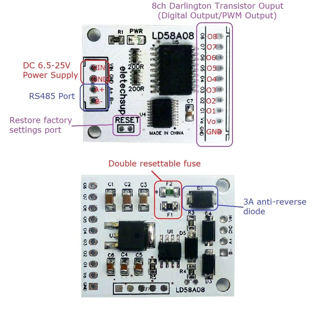 LD58A08 8CH RS485 Modbus RTU DO/PWM Driver Board – MOS Output Module for Signal Lights LED Solenoid Valves Motor Control