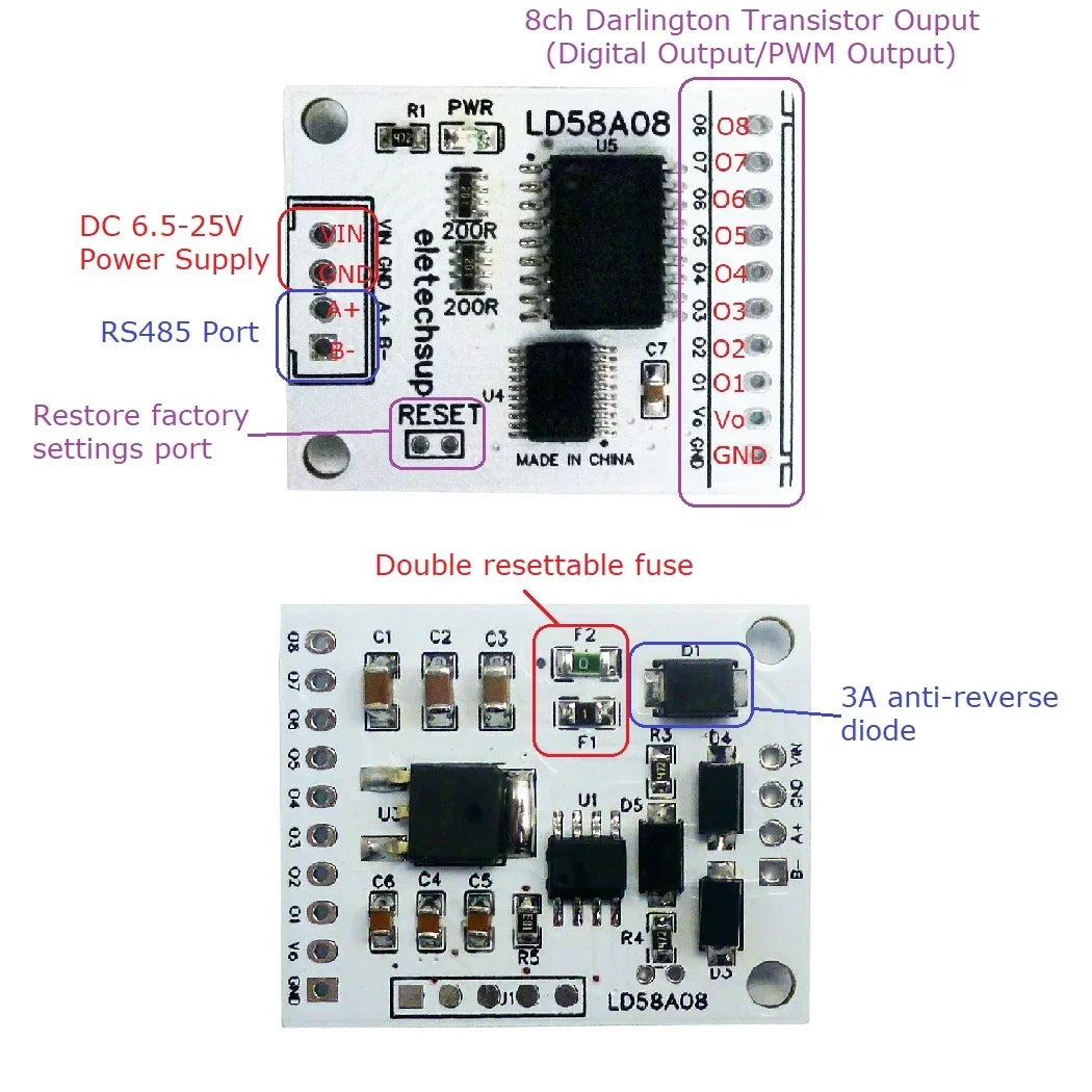 LD58A08 8CH RS485 Modbus RTU DO/PWM Driver Board – MOS Output Module for Signal Lights LED Solenoid Valves Motor Control